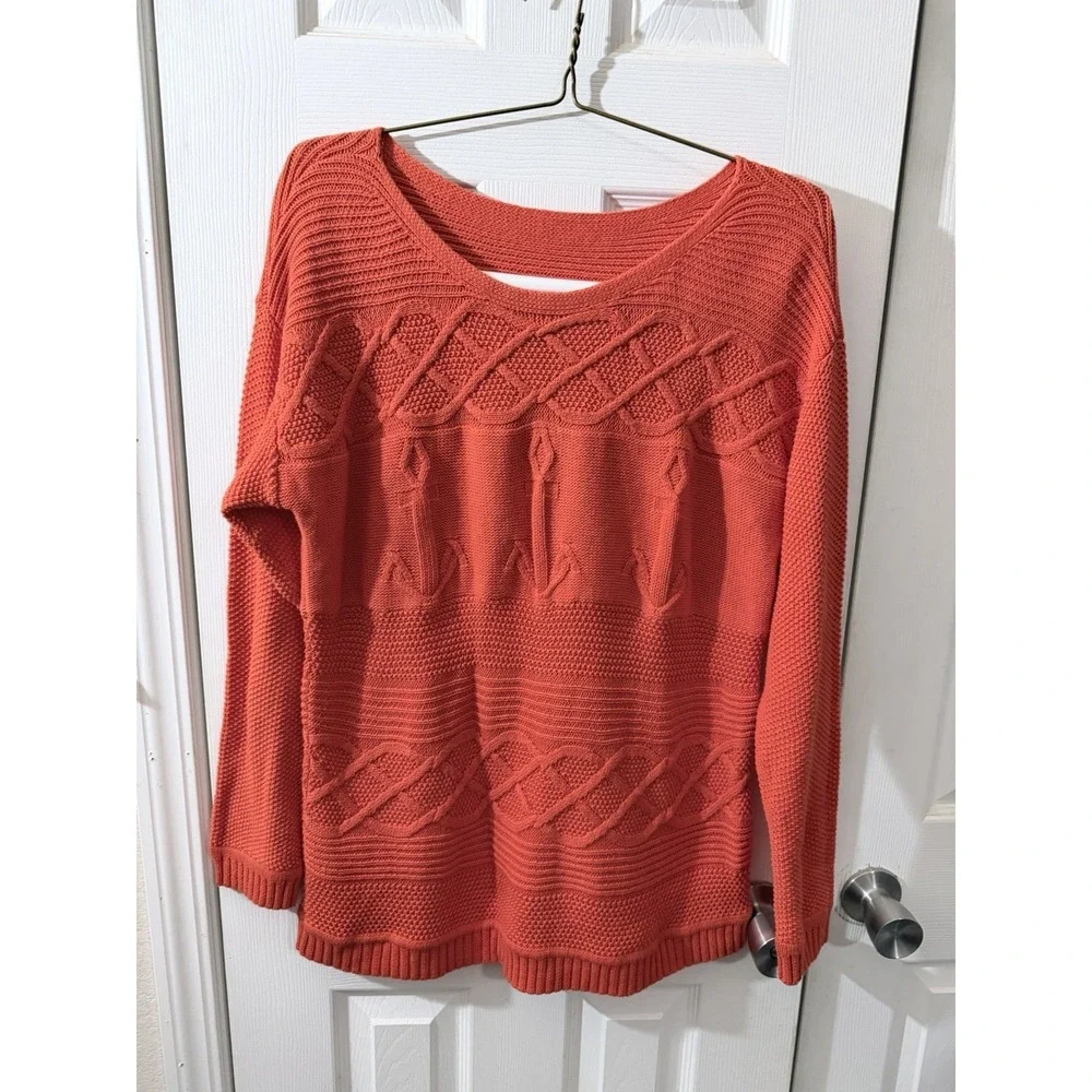 Talbots XL Cable Knit Sweater Anchor‎ Orange Nautical